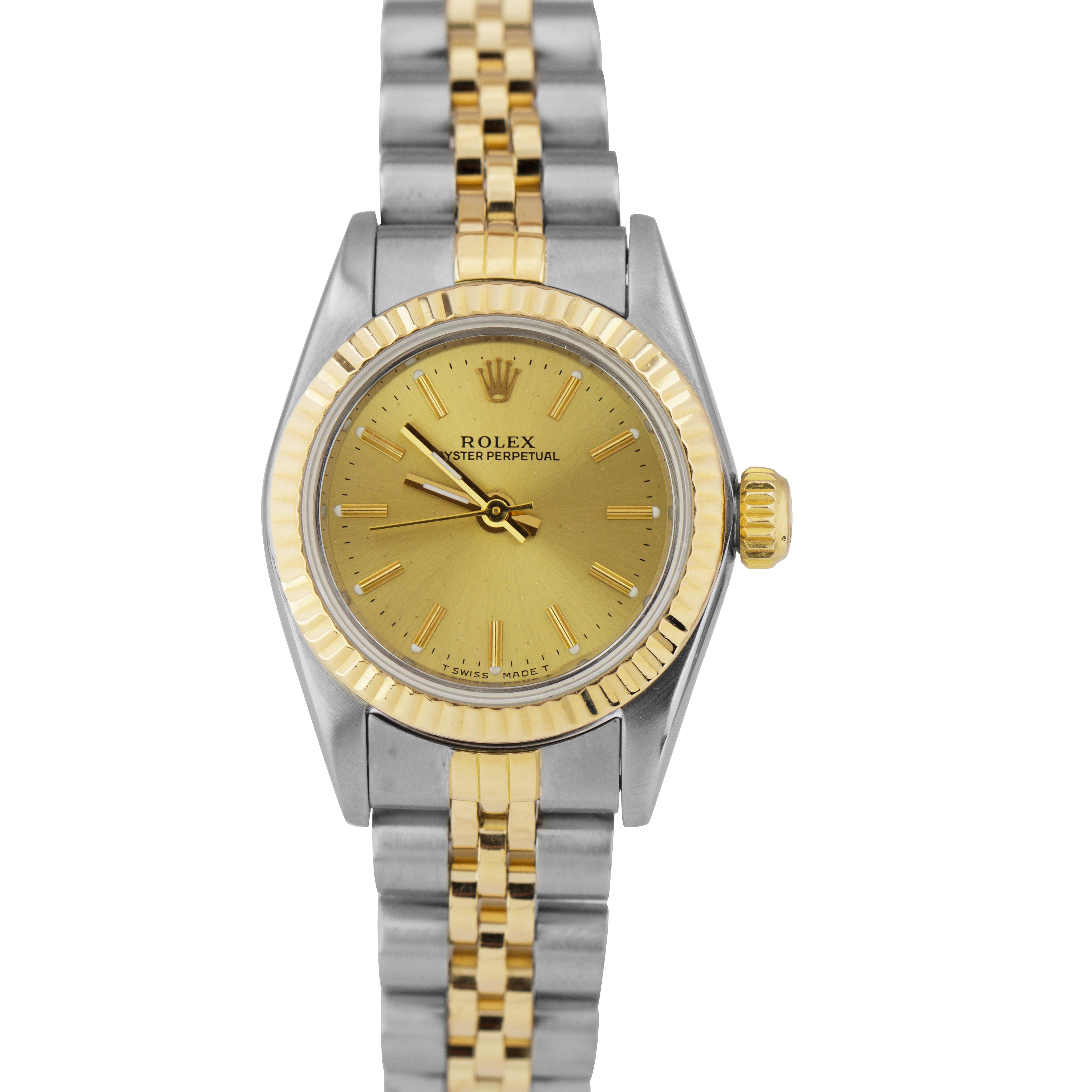 Ladies Rolex Oyster Perpetual 24mm Champagne Two Tone Gold Steel Watch 67193