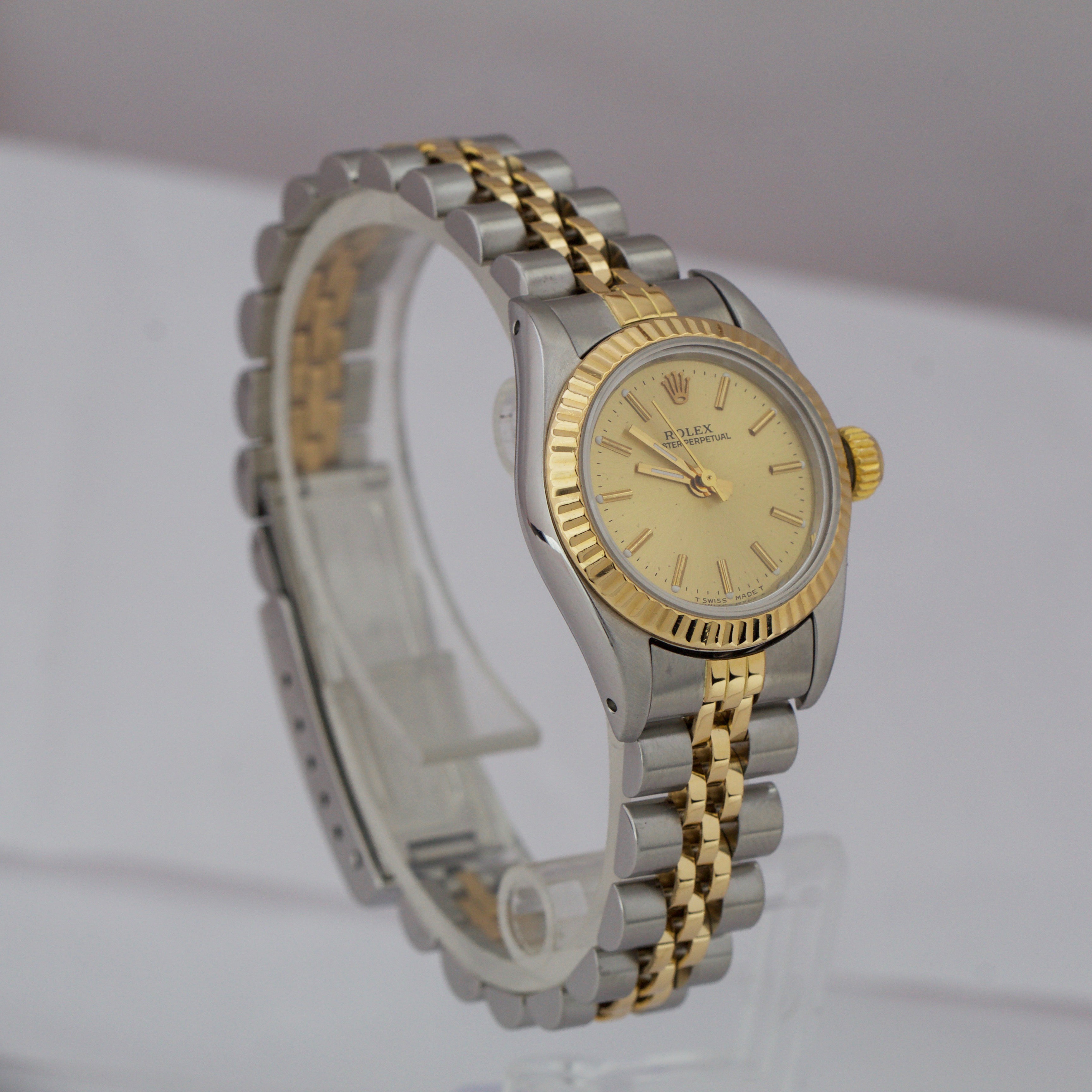 Ladies Rolex Oyster Perpetual 24mm Champagne Two Tone Gold Steel Watch 67193