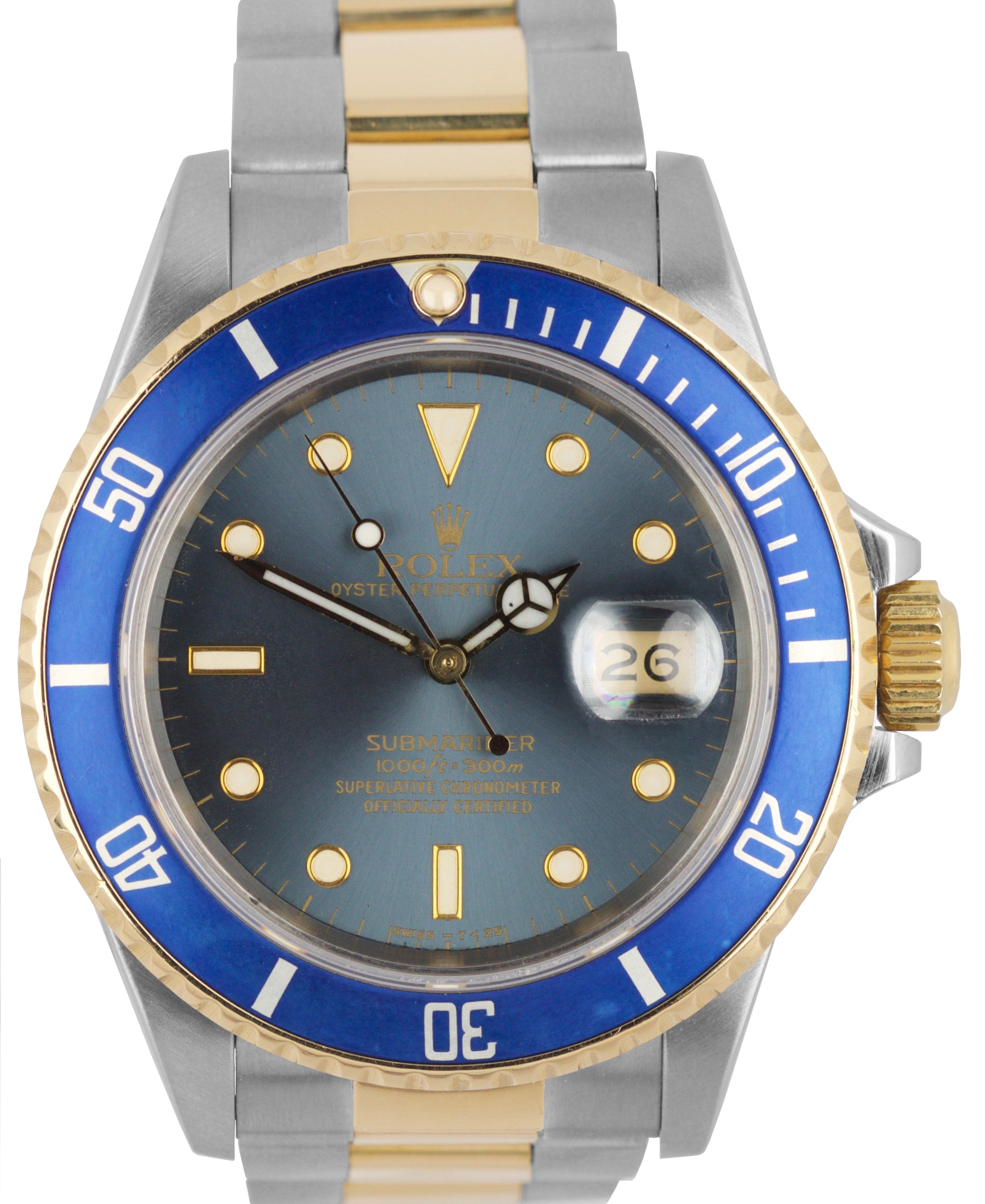 Vintage Rolex Submariner 16803 Two-Tone Gold Steel Tropical Blue 40mm Date Watch