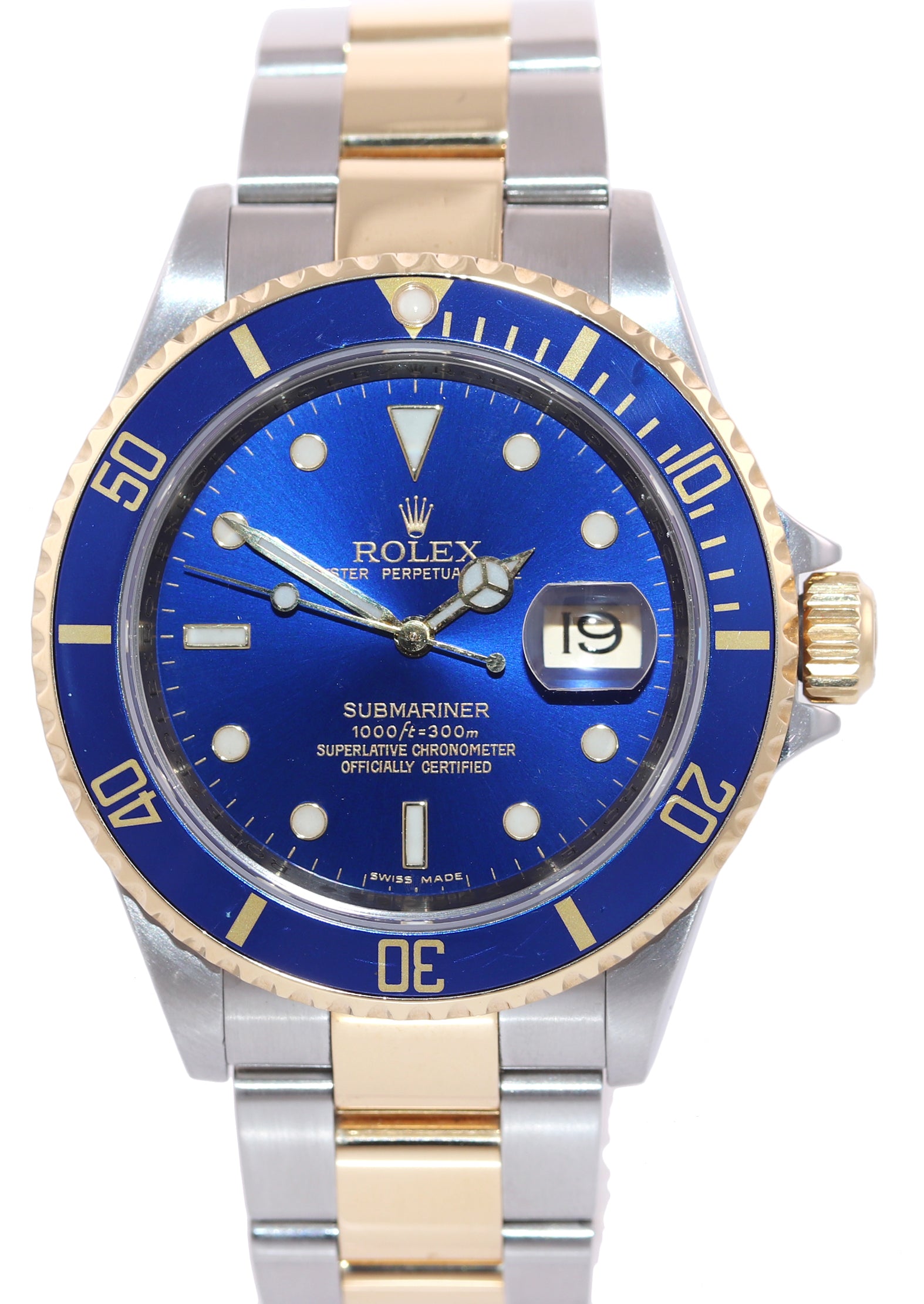 2008 GOLD BUCKLE Rolex Submariner 16613 Gold Steel Blue Watch Box Rehaut