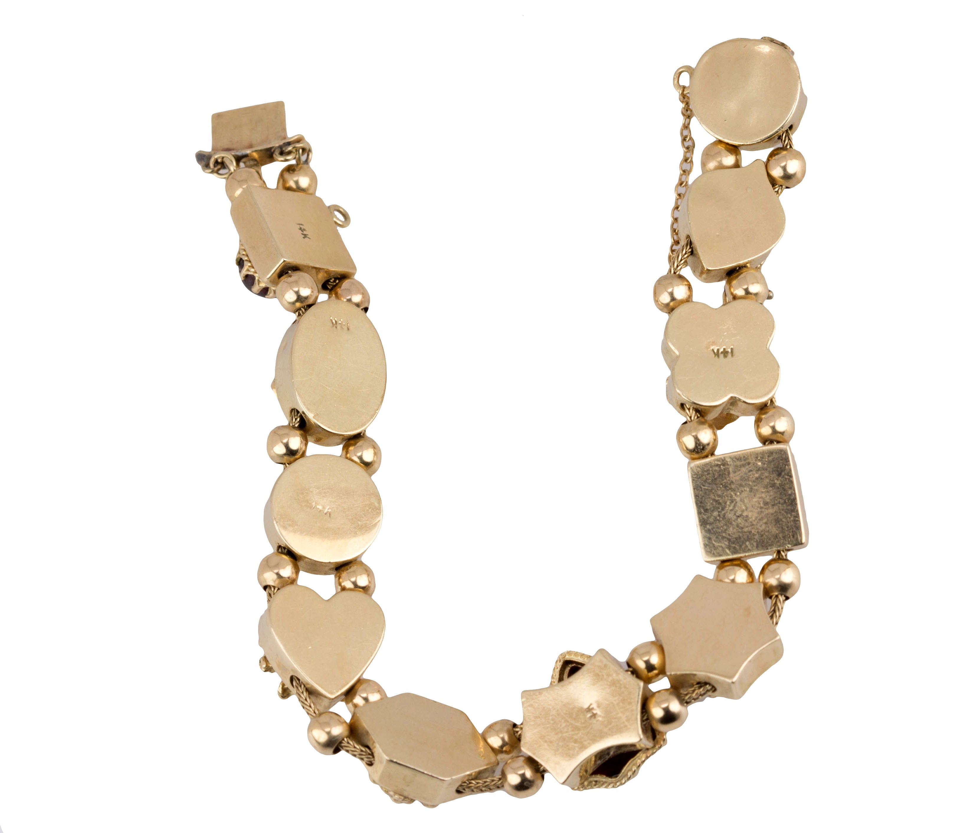 Women's Vintage Estate 14k Yellow Gold Cabochon Gemstone Slide Charm Bracelet