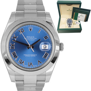 MINT Mens Rolex DateJust II 41mm 116300 Blue Roman Smooth Stainless Oyster Watch