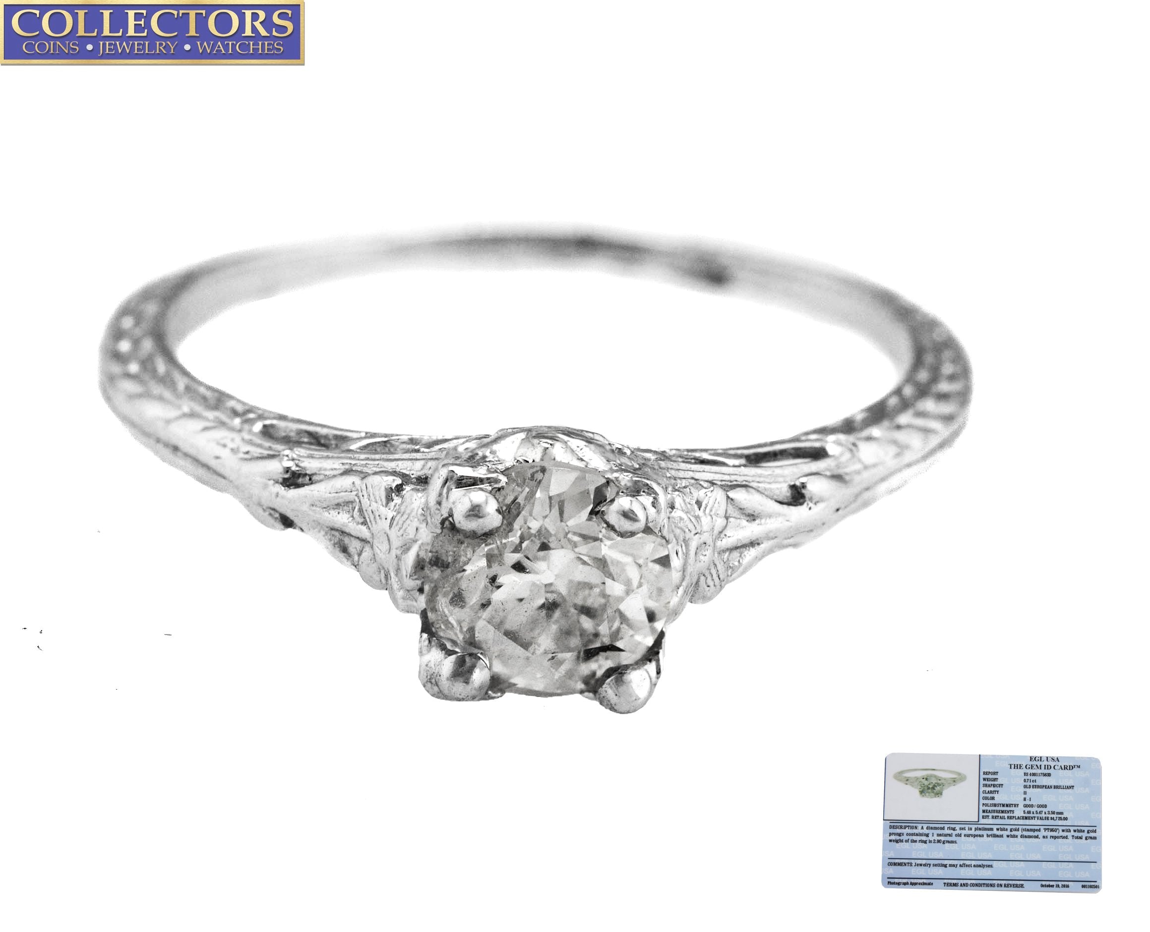 Ladies Platinum 0.71ct H-I I1 Old European Cut Diamond Solitaire Engagement Ring