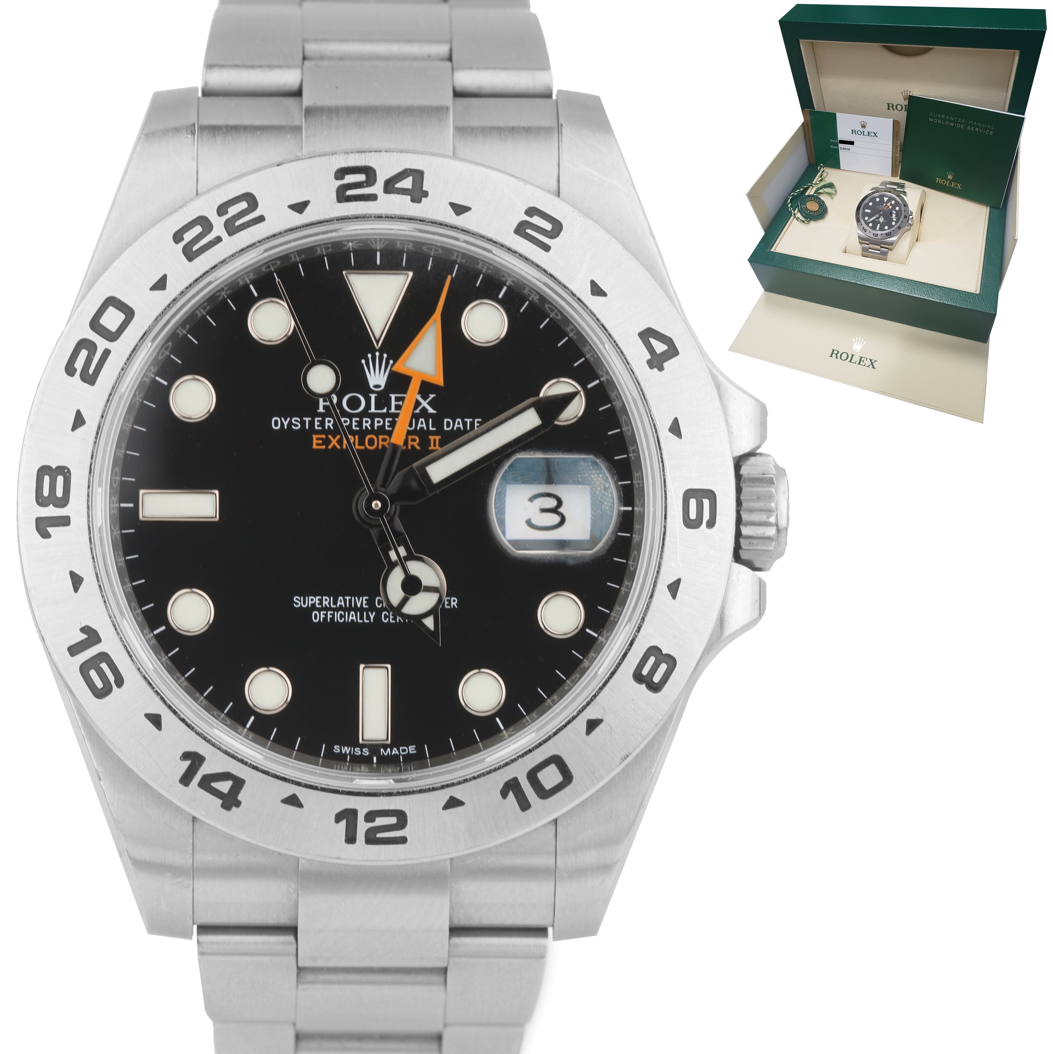 2017 UNPOLISHED Rolex Explorer II 42mm 216570 Black Orange Steel GMT Date Watch