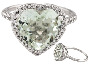14K White Gold 12x11mm Green Quartz Diamond Puff Heart Promise Cocktail Ring
