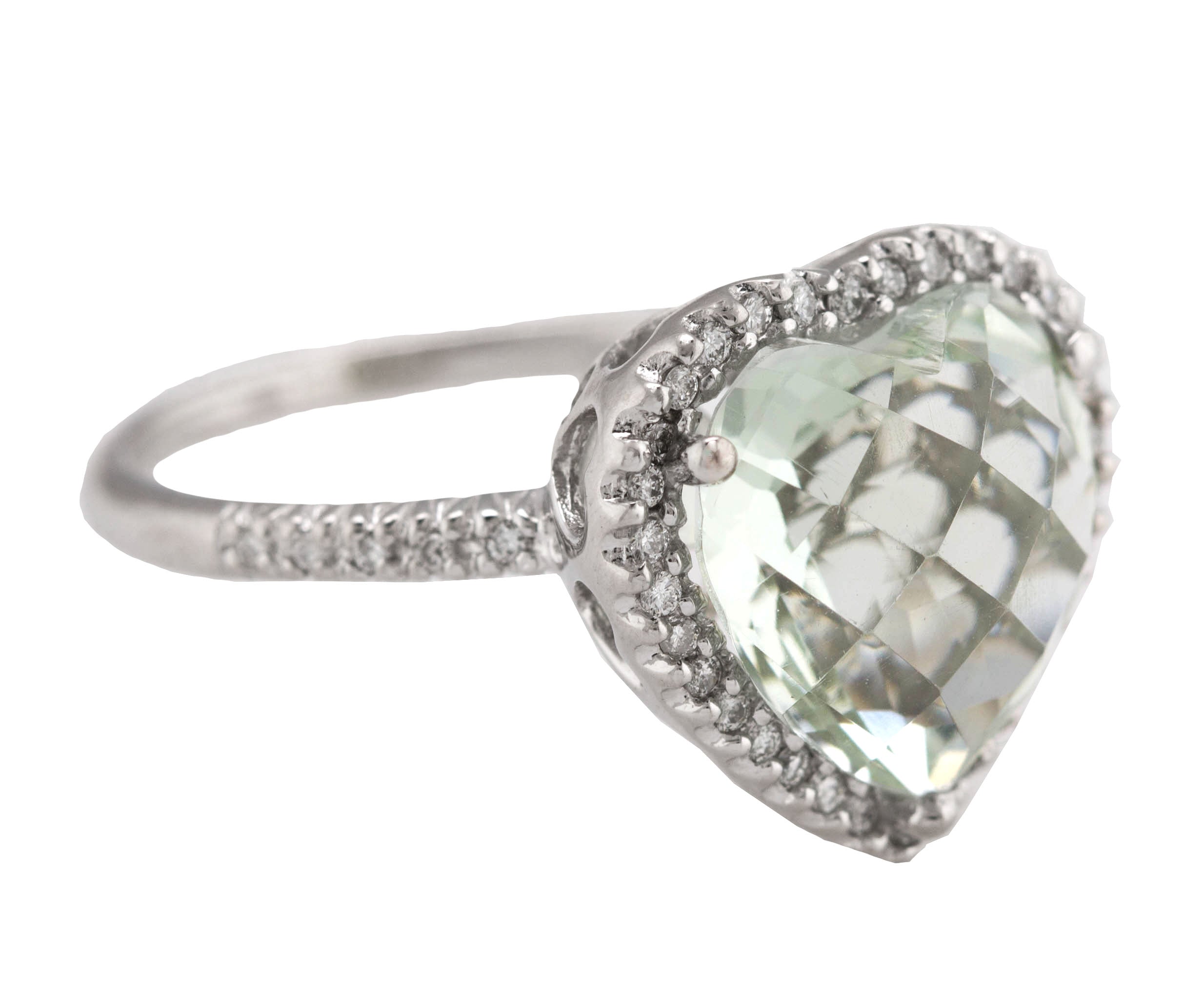 14K White Gold 12x11mm Green Quartz Diamond Puff Heart Promise Cocktail Ring