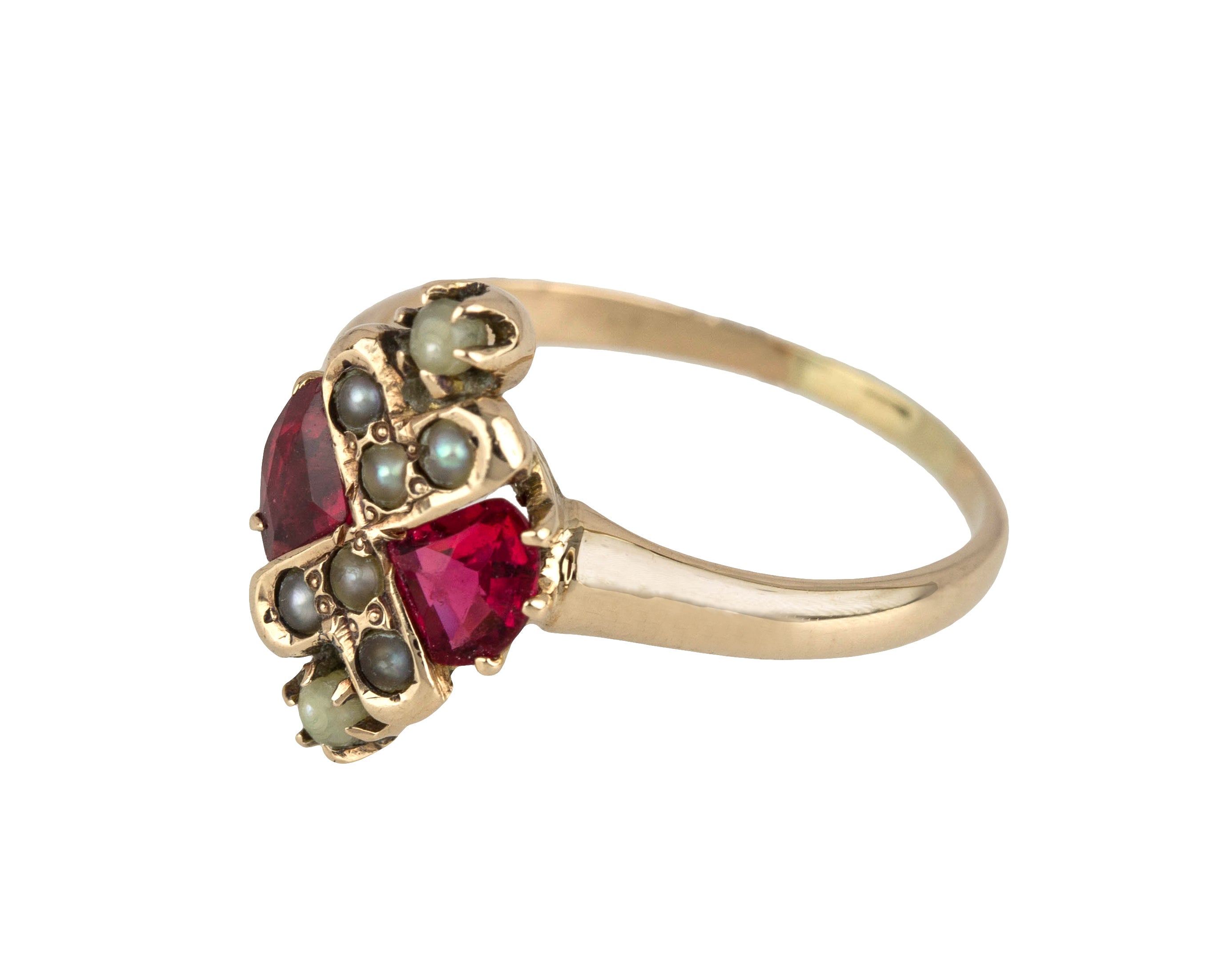 Women's Antique Victorian 14K Yellow Gold Ruby Seed Pearl Cluster Cocktail Ring