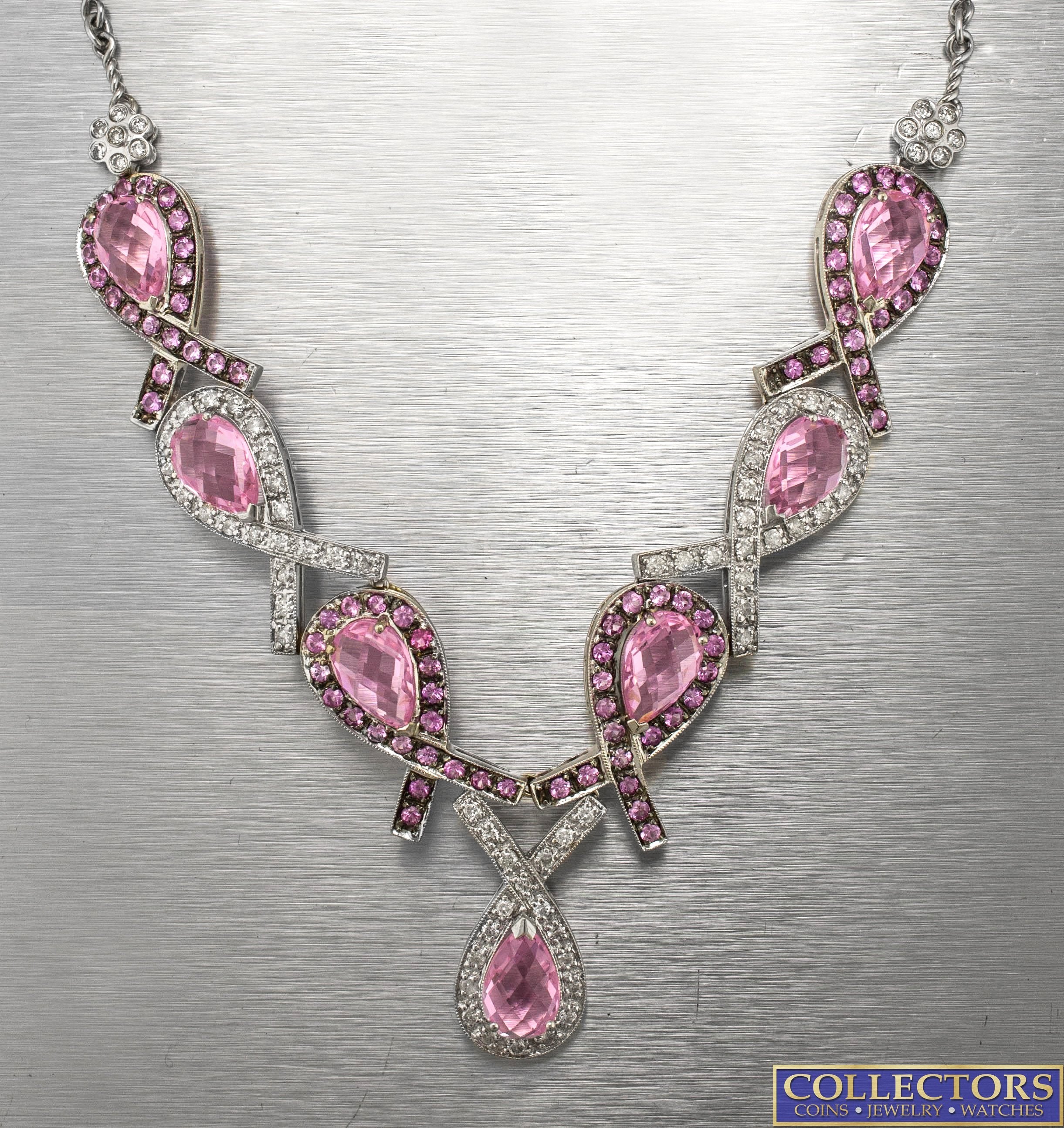 Ladies 14K Gold 22.30ctw Pink Sapphire Diamond Ribbon Breast Cancer Necklace