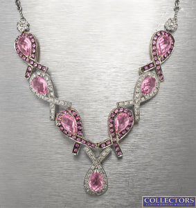 Ladies 14K Gold 22.30ctw Pink Sapphire Diamond Ribbon Breast Cancer Necklace