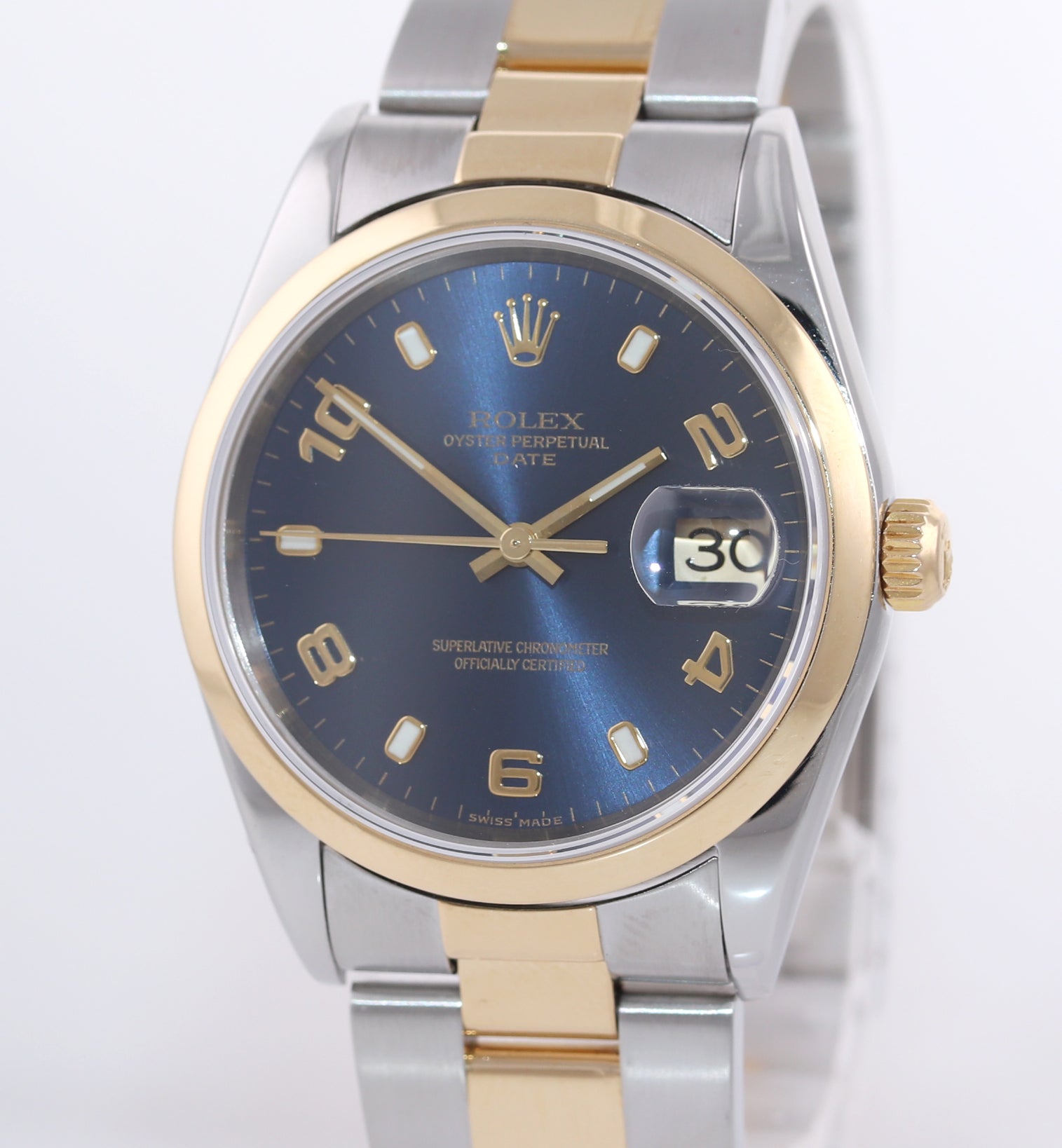 MINT Rolex Oyster Date 18k Gold Steel Two Tone Blue Arabic Dial 34mm 15203 Watch