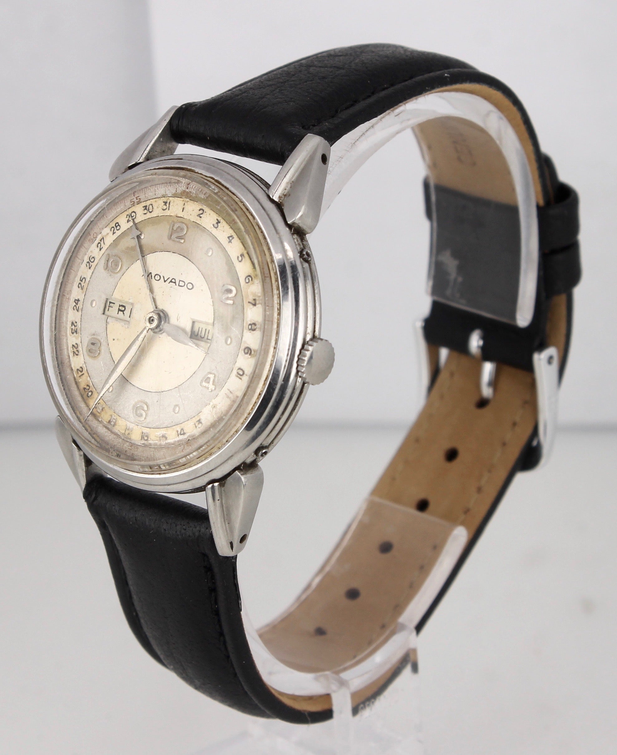 Vintage 1940s Movado Calendograph 14823 Silver Day Date 34mm Stainless Watch