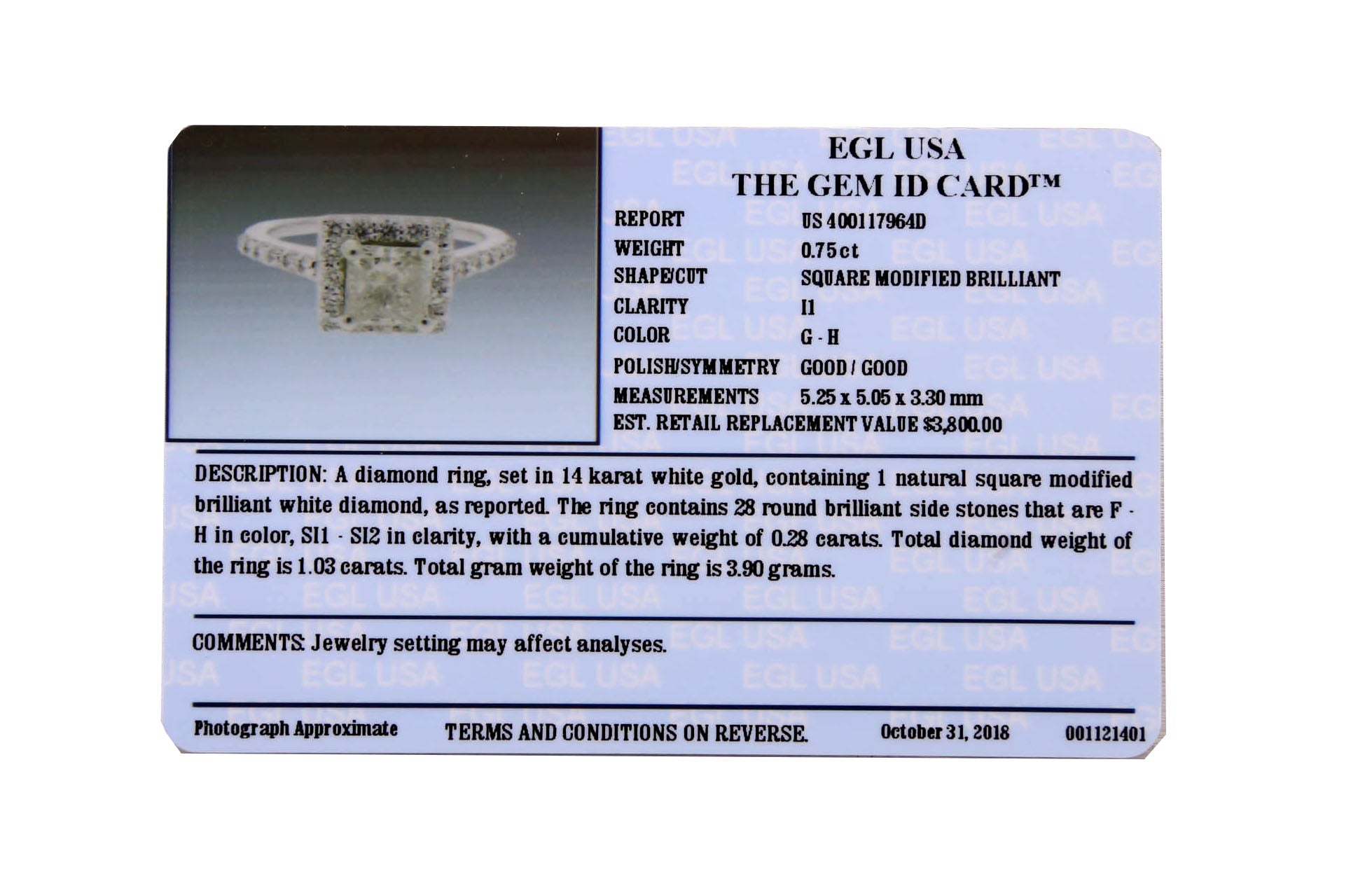 14K White Gold 0.75 CT G-H I1 Square Modified Brilliant Diamond Engagement Ring