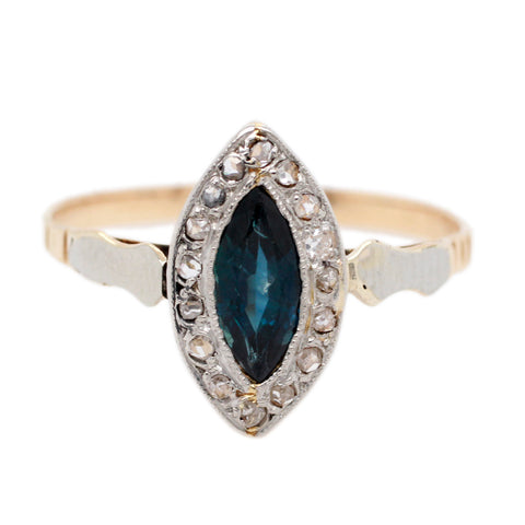 Antique Victorian 0.50ct Sapphire & Diamond Marquise Ring in 14k Yellow Gold