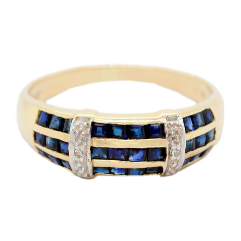 Vintage 0.85ctw Blue Sapphire & Diamond Band Ring in 14k Yellow Gold | Size 6.50