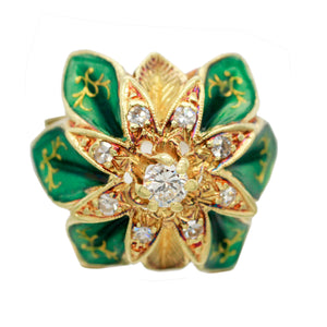 Art Deco 0.30ctw Diamond & Green Enamel Flower Cocktail Ring in 14k Yellow Gold