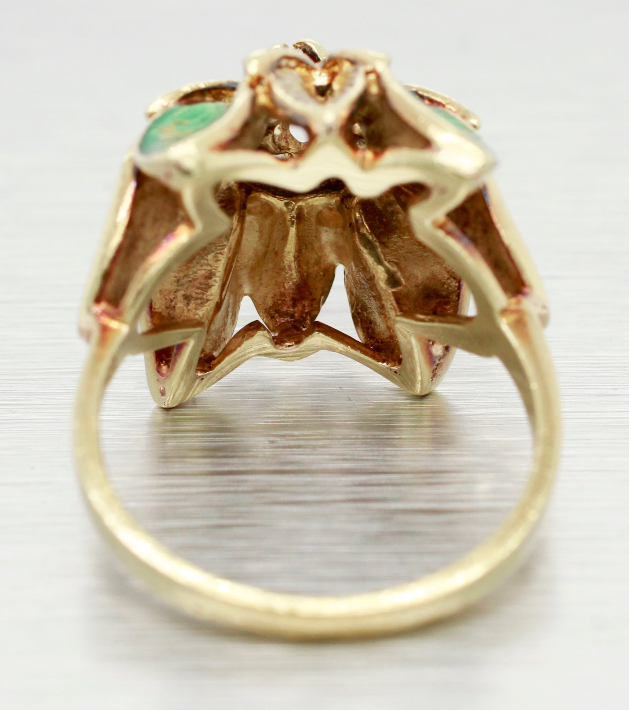 Art Deco 0.30ctw Diamond & Green Enamel Flower Cocktail Ring in 14k Yellow Gold