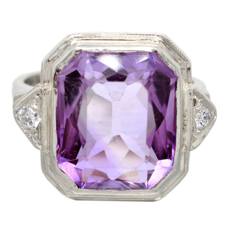 Art Deco 4.50ct Amethyst & Diamond Cocktail Ring in 14k White Gold | Size 3.75