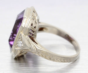 Art Deco 4.50ct Amethyst & Diamond Cocktail Ring - 14k White Gold | Size 3.75