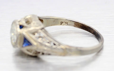 Art Deco 0.90ct Diamond & Sapphire Filigree Ring - 22k White Gold | Size 6.75