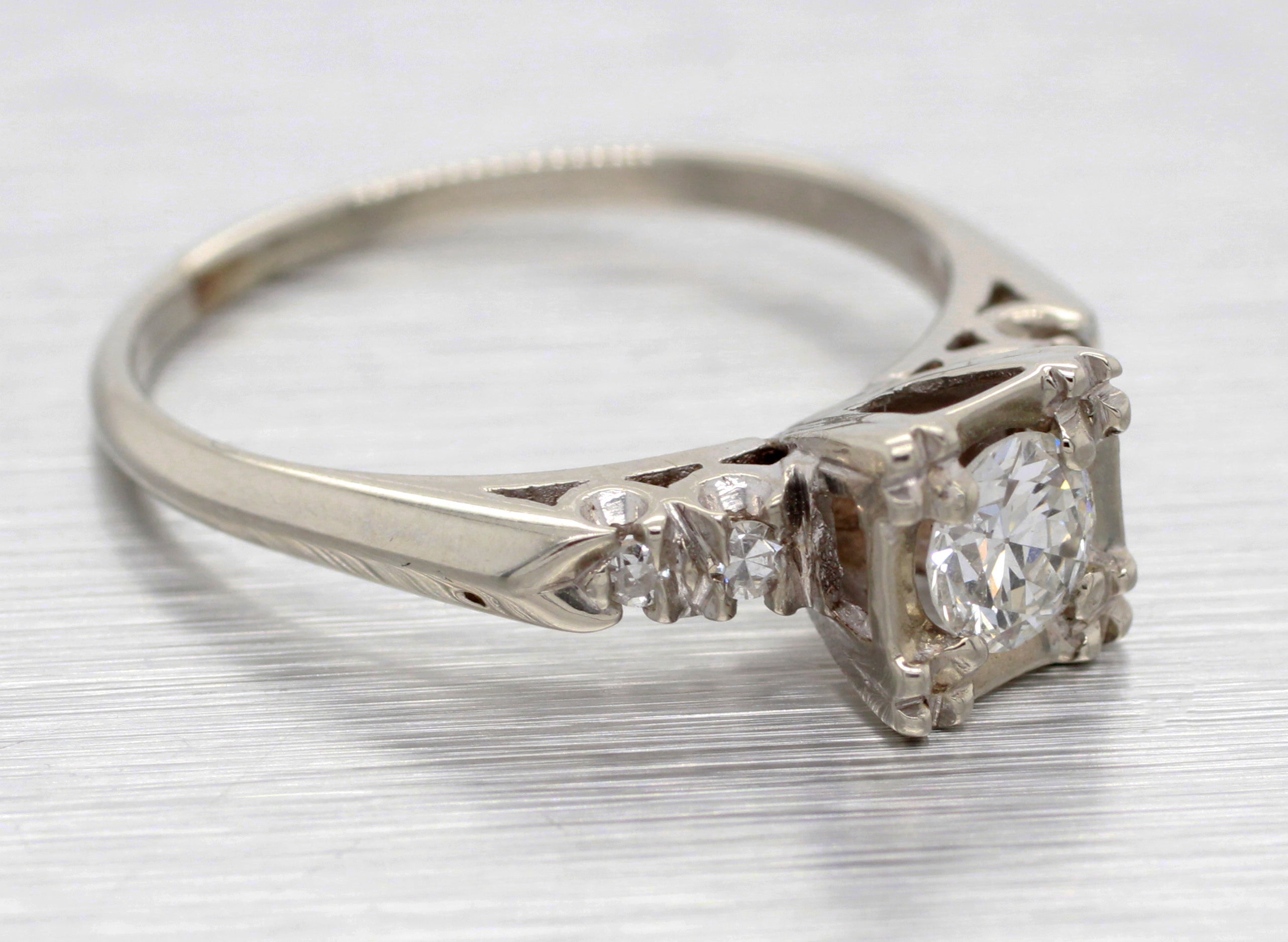 Antique Art Deco 14k Solid White Gold 0.54ctw Diamond Engagement Ring