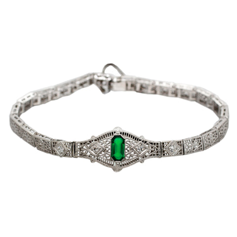 Antique Art Deco 0.45ct Emerald Diamond Filigree Bracelet in 14k White Gold | 7"