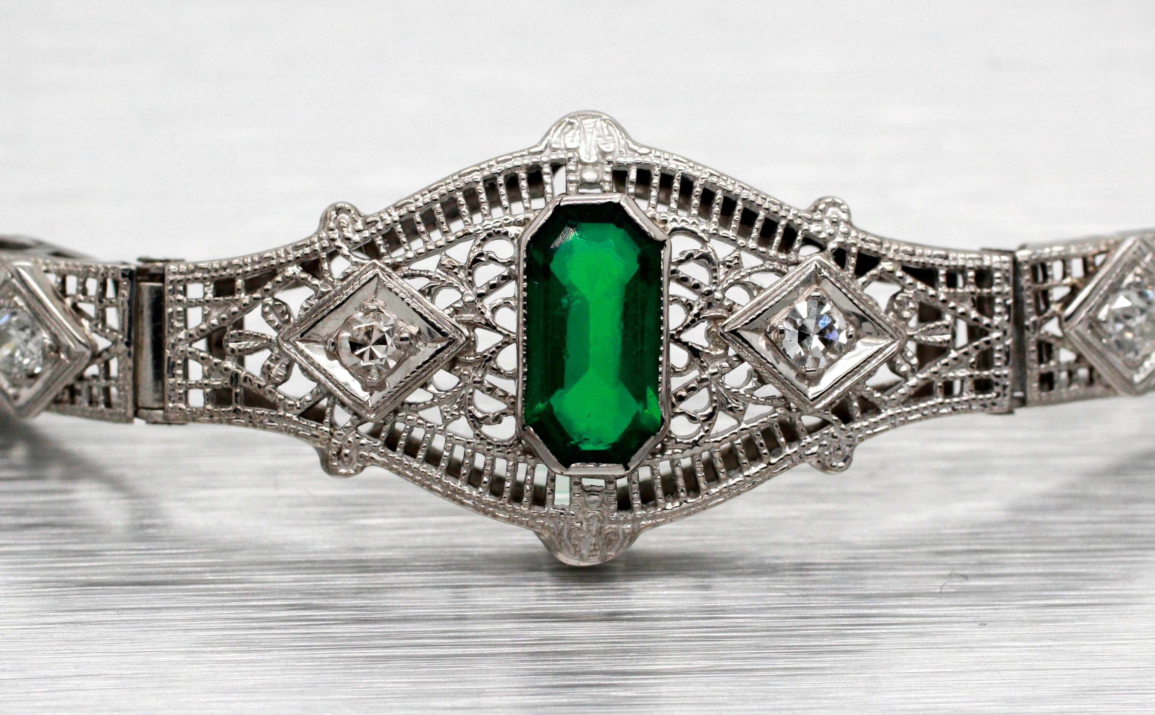 Antique Art Deco 0.45ct Emerald Diamond Filigree Bracelet - 14k White Gold | 7"
