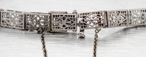 Antique Art Deco 0.45ct Emerald Diamond Filigree Bracelet - 14k White Gold | 7"