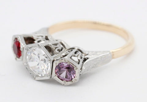 Antique Art Deco Ruby Amethyst & Cubic Zirconia Band Ring in 14k Yellow Gold