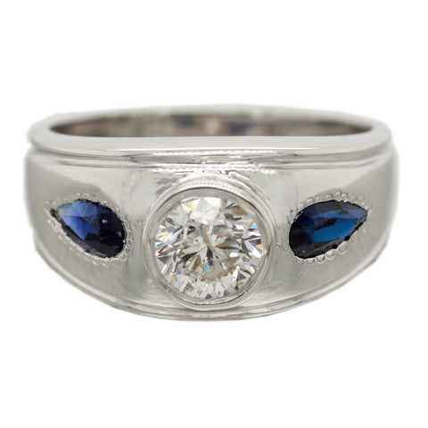 Vintage 1ct Diamond & 0.50ctw Sapphire Band Ring in 14k White Gold | Size 7.50