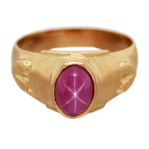 Vintage Pink Star Sapphire Solitaire Heart Band Ring in 18k Yellow Gold