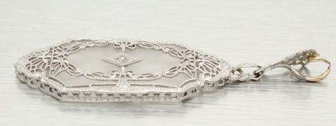 Antique Art Nouveau 0.03ct Diamond & Resin Rectangle Pendant in 14k White Gold