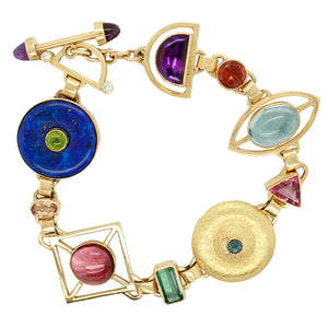 Designer Charm/Link Diamond and Multi-Gemstone Bracelet - 18K Yellow Gold - 8"