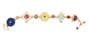 Designer Charm/Link Diamond and Multi-Gemstone Bracelet - 18K Yellow Gold - 8"