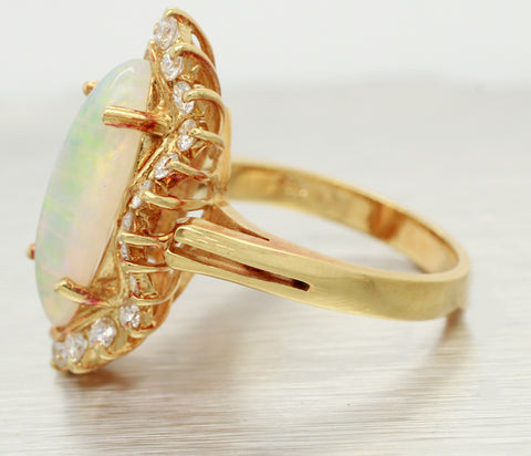 Vintage 4ct Marquise Opal Cocktail Ring with Diamond Halo in 18k Yellow Gold
