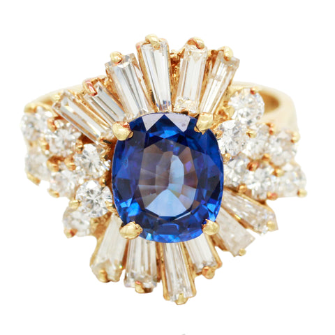 Vintage 1.40ct Sapphire & Diamond Sunburst Cocktail Ring in 18k Gold