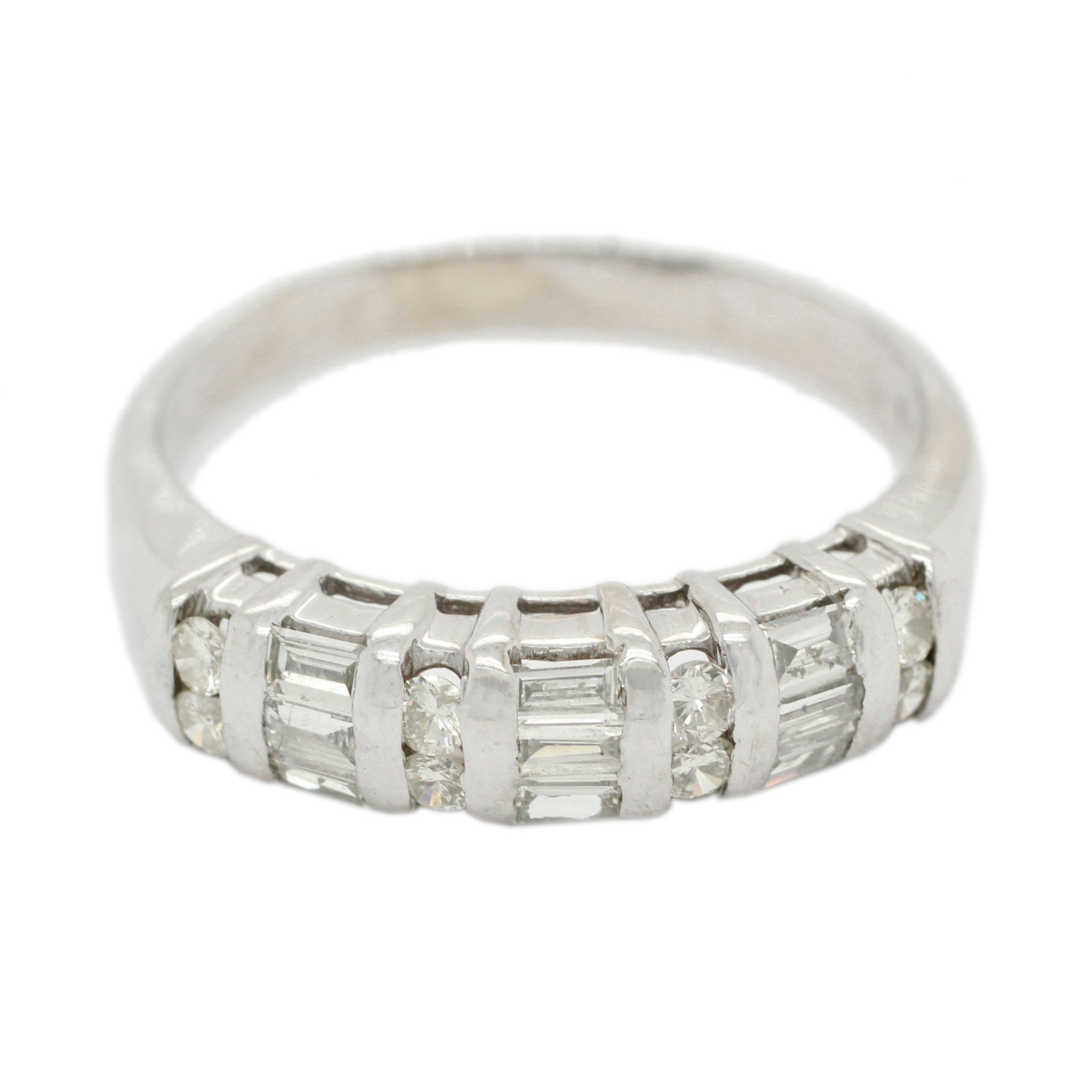 Vintage Round & Baguette Diamond Band Ring 0.40ctw in 14k White Gold | Size 9.25