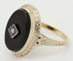 Antique Art Deco Oval Diamond and Onyx Ring - 14k White Gold | Size 4.25