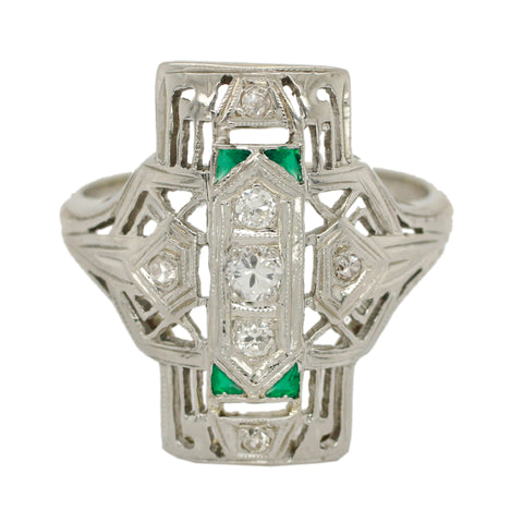 Antique Art Deco 0.20ctw Diamond Emerald FIligree Cocktail Ring - 18k White Gold