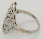 Antique Art Deco 0.20ctw Diamond Emerald Filigree Cocktail Ring - 18k White Gold