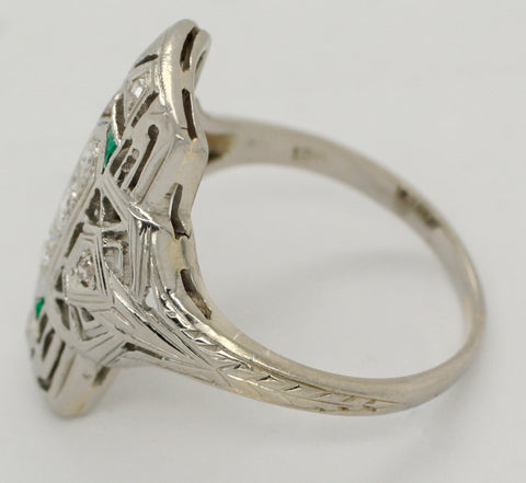 Antique Art Deco 0.20ctw Diamond Emerald FIligree Cocktail Ring - 18k White Gold