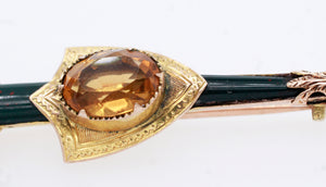Antique Victorian Scottish Citrine Bloodstone & Agate Sword & Shield Gold Brooch