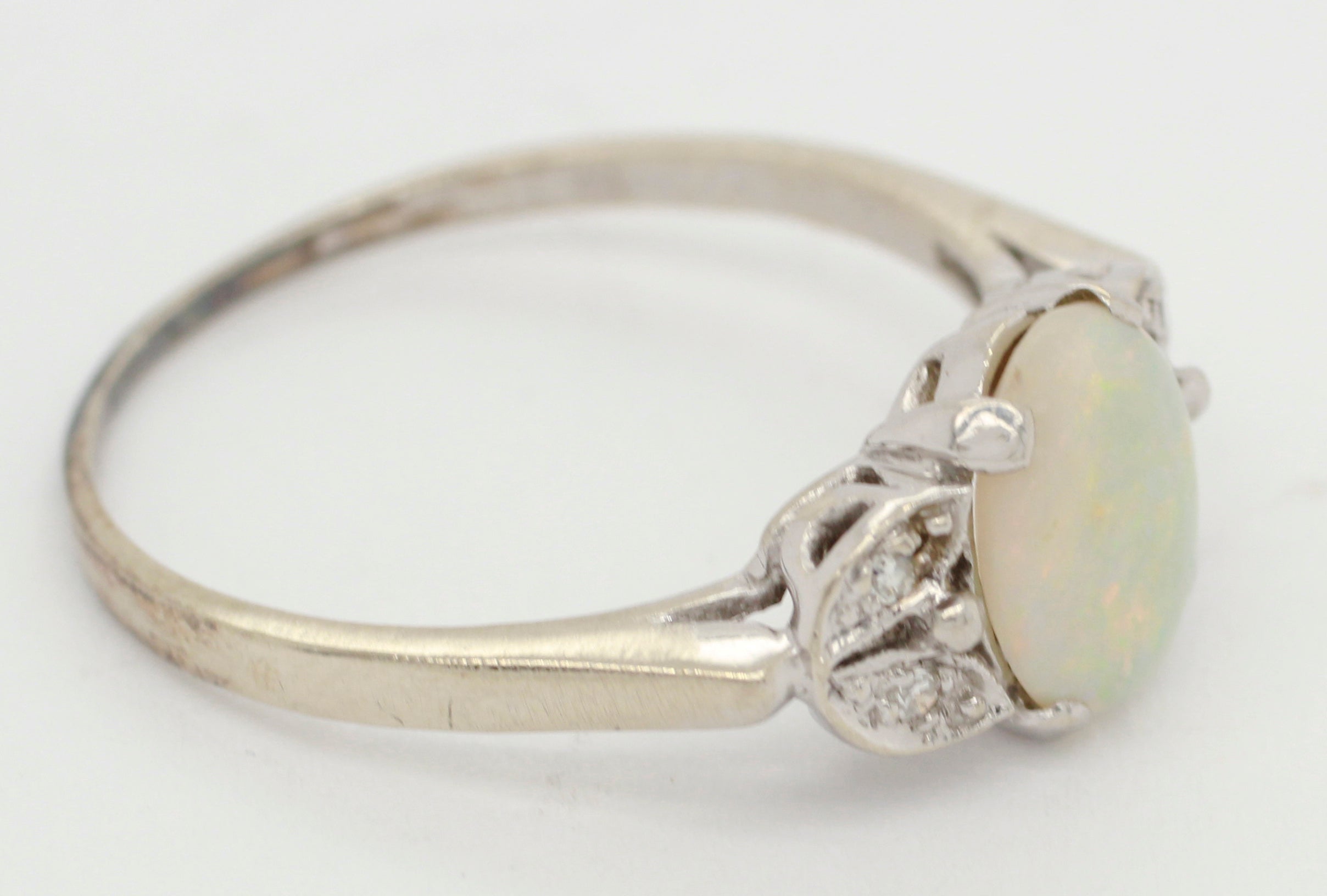Antique Art Deco White Opal and Diamond Ring in 14k White Gold | Size 8.5