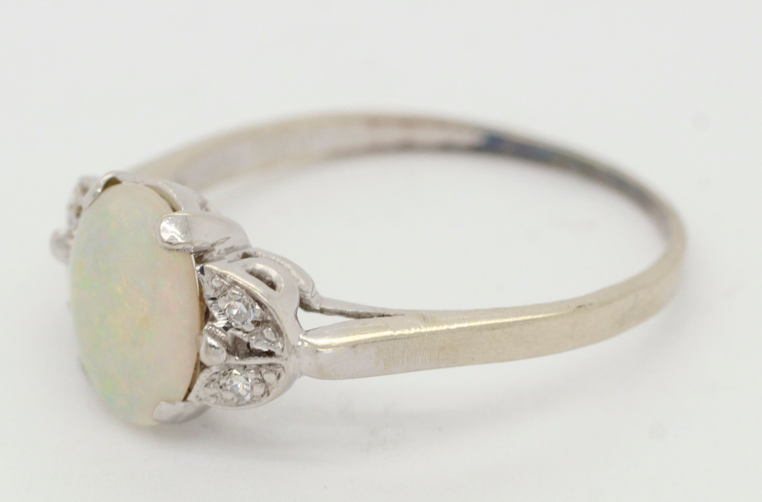 Antique Art Deco White Opal and Diamond Ring in 14k White Gold | Size 8.5