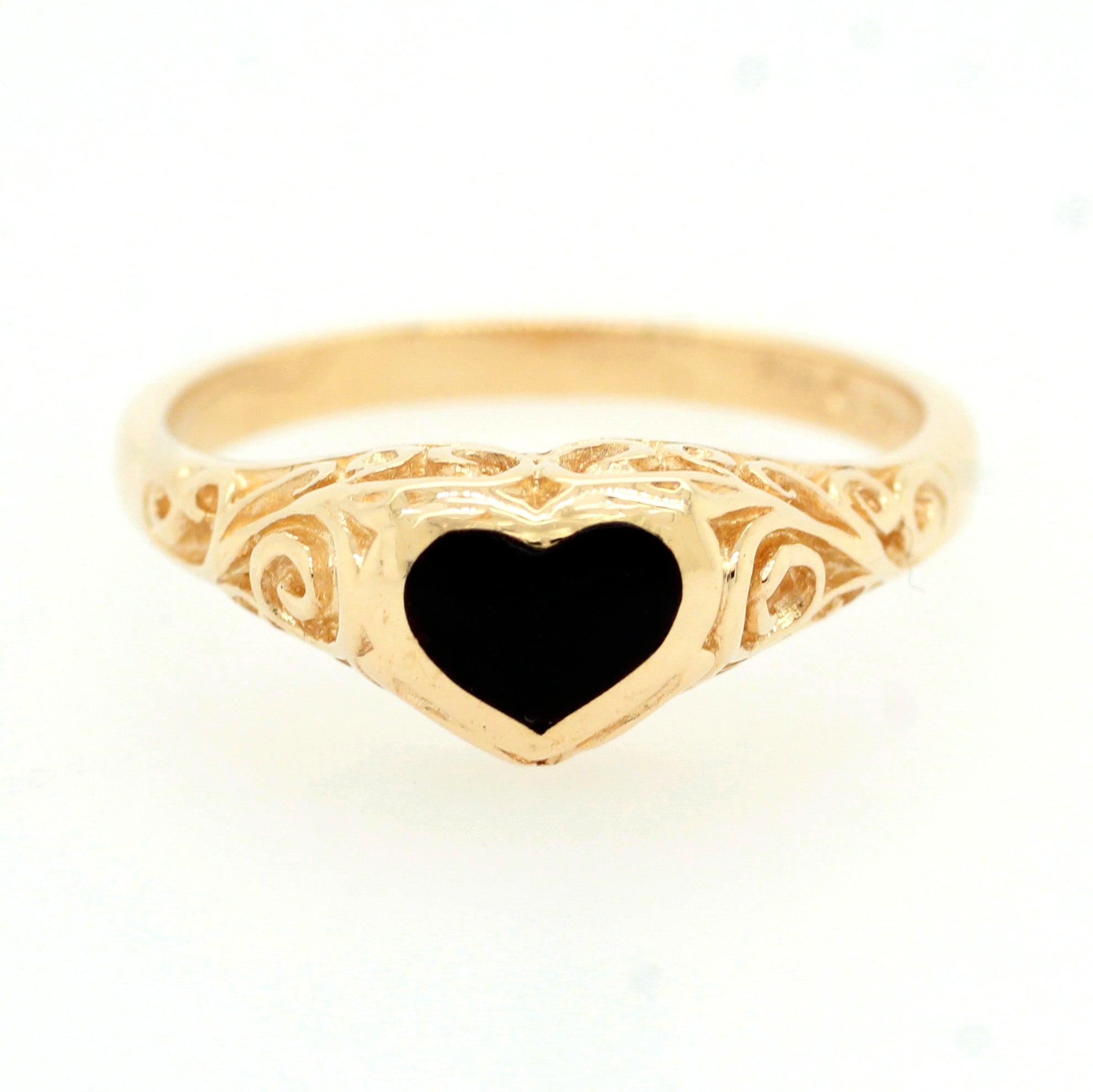 KABANA Onyx Inlay Black Heart Ring in 14k Yellow Gold with Filigree; Size 6.25