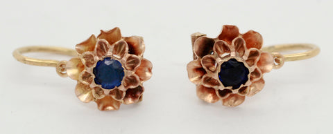 Antique 0.30ctw Sapphire Filigree Flower Drop Dangle Earrings in 14k Rose Gold