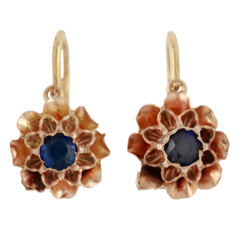 Antique 0.30ctw Sapphire Filigree Flower Drop Dangle Earrings in 14k Rose Gold