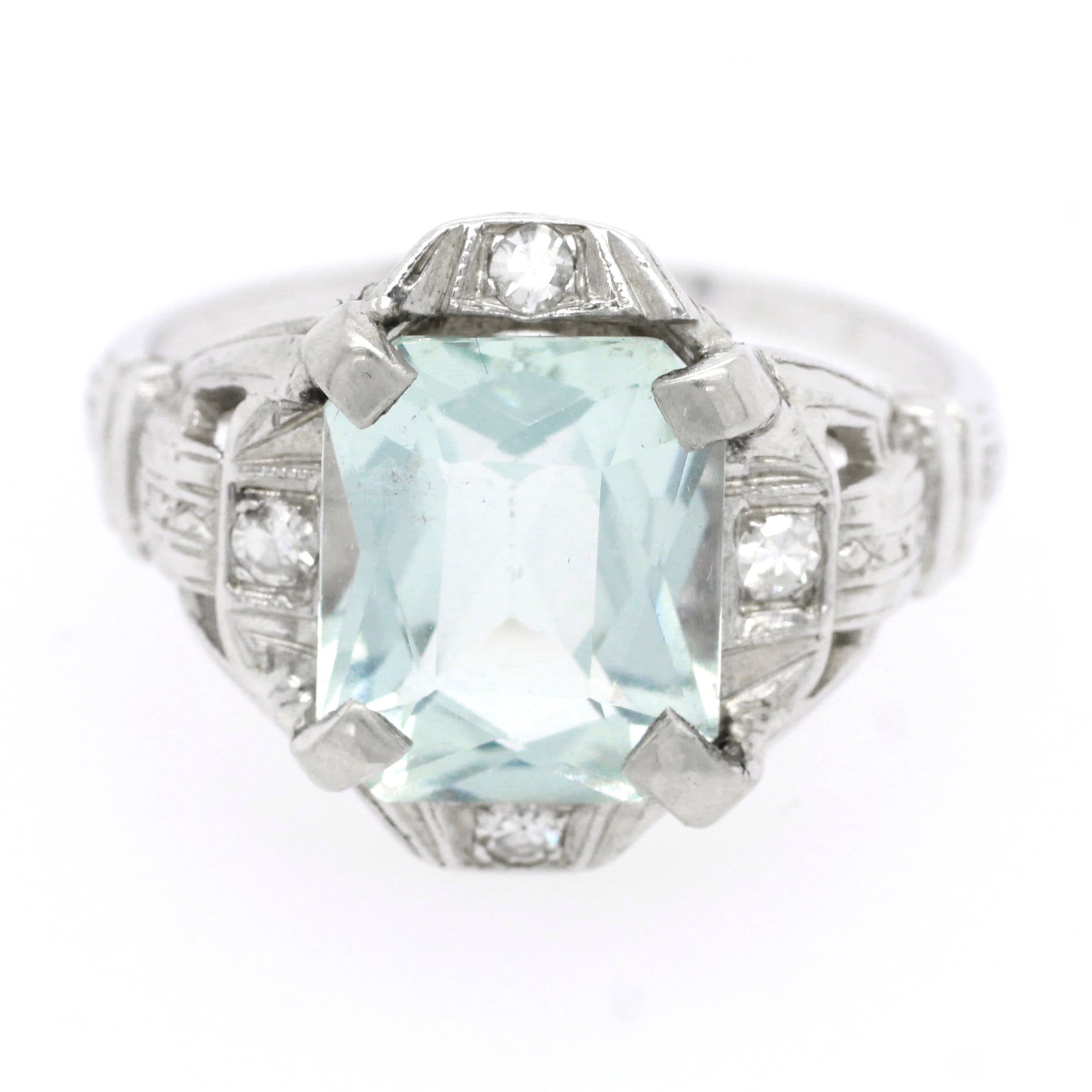 Antique Art Deco 3.00ct Aquamarine & Diamond Engagement Ring in 14k White Gold