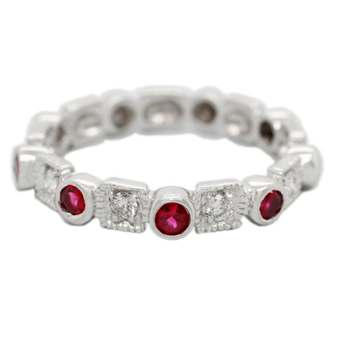 Vintage 0.20ctw Ruby & Diamond Studded Band Ring in 14k White Gold | Size 4.75