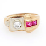 Antique Art Deco 0.20ct Diamond & 0.30ctw Ruby Band Ring in 14k Gold - Size 6.25