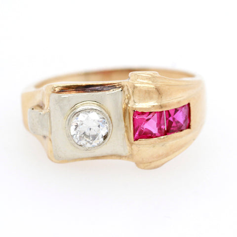 Antique Art Deco 0.20ct Diamond & 0.30ctw Ruby Band Ring in 14k Gold - Size 6.25